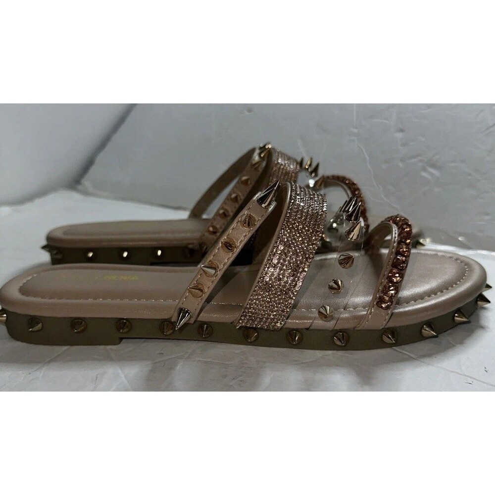 Fashion Nova Sandals 9 Flat Strap Spike Studded Rhinestones Bling Rose Gold NIB - Picture 2 of 7